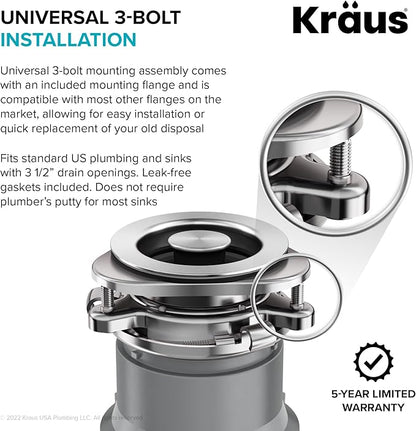 KRAUS® WasteGuard™ High-Speed 1/2 HP Continuous Feed Ultra-Quiet Motor Garbage Disposal with Power Cord and Flange Included and Universal Mount