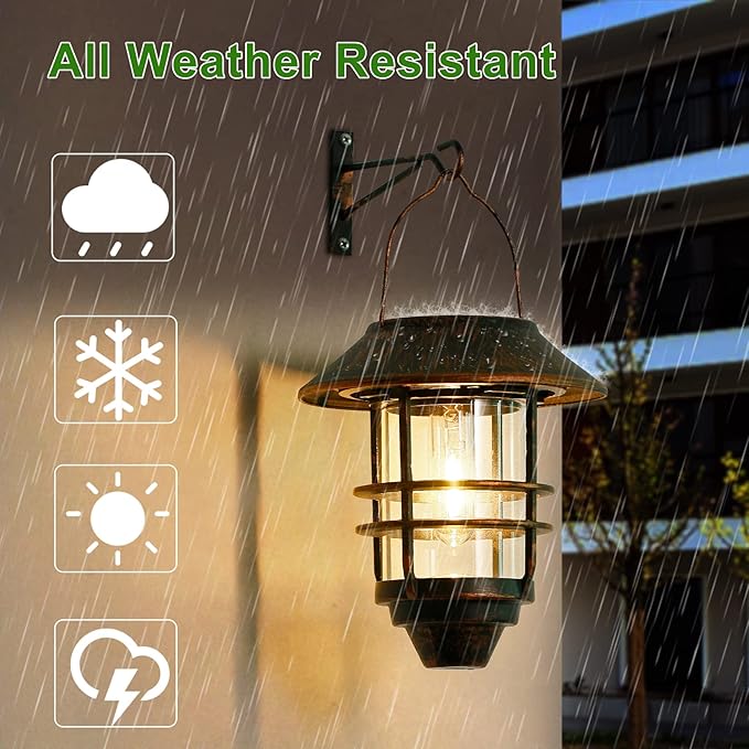 Solar Lantern Outdoor, Hanging Waterproof Solar Lights with Wall Mount Kit for Garden Porch Fence 2 Pack,Bronze