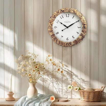 Presentime & Co. Farmhouse Series, Rustic Woven Clock, 14 inch, Natural Woven Water Hyacinth/Sea Grass. Wall Sculpture, Wall Art and Timepiece for Home Decoration/Decoration/Farmhouse Décor