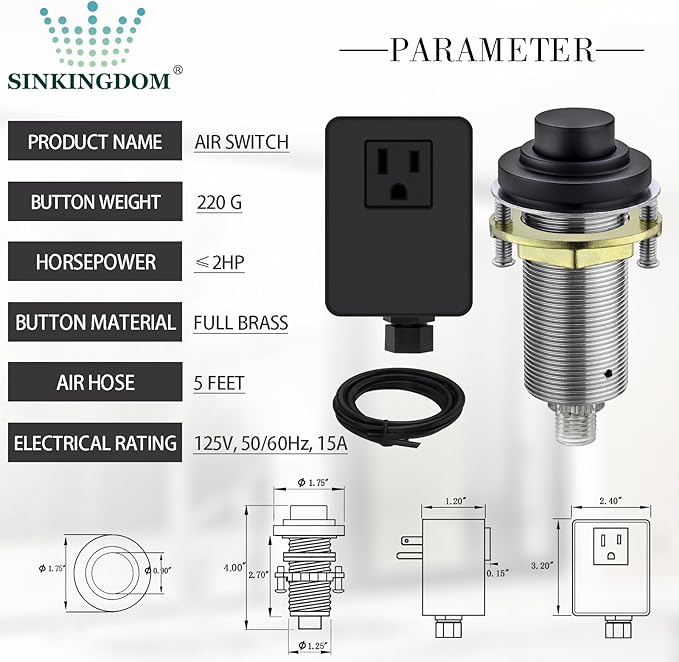 SinkTop Air Switch Kit (Long Full Brass Button) for Garbage Disposal, Cordless Matte Black
