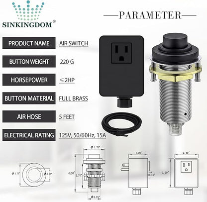 SinkTop Air Switch Kit (Long Full Brass Button) for Garbage Disposal, Cordless Matte Black
