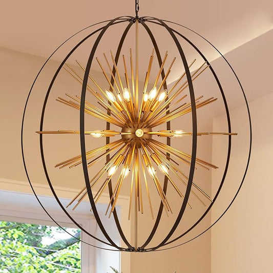 43.3" Black Gold 18-Light Globe Sputnik Chandelier Modern Adjustable Hanging Ceiling Firework Pendant Light Fixture for Entryway Foyer Stairway Kitchen Dining Living Room Hallway