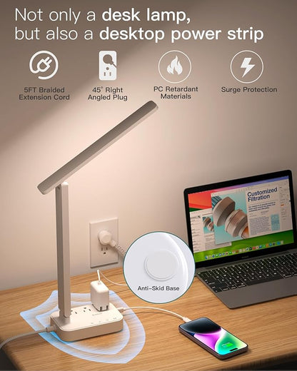 Addtam LED Desk Lamp, Power Strip with 3 Outlets 4 USB Charging Ports(2 USBC), 4 Modes 5 Level Brightness Touch Lamp, Small Desk Lamp for Home Office College Dorm Room Essentials, White