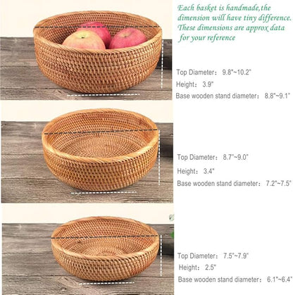 3 Pack Hadewoven Round Rattan Fruit Basket Wicker Food Tray Weaving Storage Holder Dinning Room Bowl, 10 Inch Small Wicker Basket Serving Tray Woven Basket for Bread,Snack,Brown(3-Size Kit)