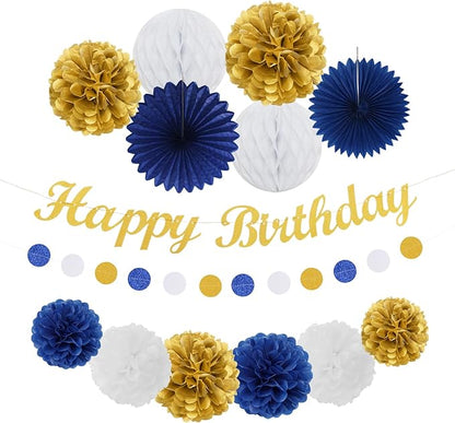 Navy-Blue Gold Birthday Party-Decorations Paper-Flowers - 14pcs Happy Banner Royal Lanterns Tissue Pom Poms,Men Streamers Garland Fans Honeycomb,Teen Boys Male Kids Hanging Supplies Decor Hugfond