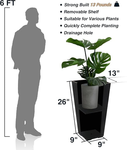 Metallic Taper Planter, 26 Inch Tall Tapered Planter for Front Porch, Patio, Deck, Garden Indoor/Outdoor Tree Planters, Set of 2 Black with Copper Hand Brushed Rim
