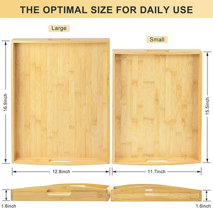 Bamboo Serving Tray Set of 2 Elegant for Coffee, Eating or Decor - Large and Small Rectangle Serving Trays with Handles - Wood Serving Tray Suitable for Home, Kitchen and Outdoor