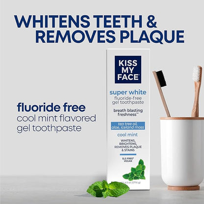 Kiss My Face Super White Toothpaste Gel, Cool Mint Flavor, Removes Plaque and Stains, Teeth Whitening Toothpaste, Fluoride Free, Vegan, 4.5 oz, 3 Pack