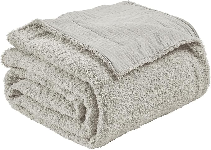 EMME Muslin and Fleece Twin Blanket Reversible - 60"*80" Grey Soft Warm Throw Blankets for Couch Bed Picnic Travel Bed