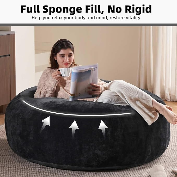 5FT，Big Bean Bag Chairs for Adults，Large beanbag with Filler Included，Memory Foam Material，Easy to Clean and Washable Corduroy Fabric，Suitable for Living Room and Bedroom (Black, 5 Foot)