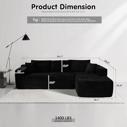 ovios 104" Cloud Sectional Couch with L-Shape Chaise,Modern Modular Sofa with Deep Seat, Upholstered Couches for Living Room Bedroom,No Assembly Required, Black (Corduroy Fabric)