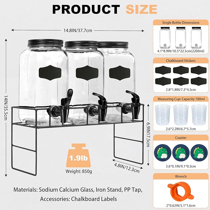 3-Pack 2.2L Glass Laundry Detergent Dispenser Set with Stand - Premium Liquid Soap Dispenser with PP Spigots, Measuring Cups, and Chalkboard Labels for Laundry Room Organization and Storage
