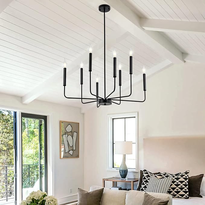 Modern Black Farmhouse Chandeliers, 8-Light Industrial Metal Chandelier Lighting, Classic Candle Hanging Pendant Light Fixtures for Kitchen Bedroom, Dining Room, Living Room,Foyer