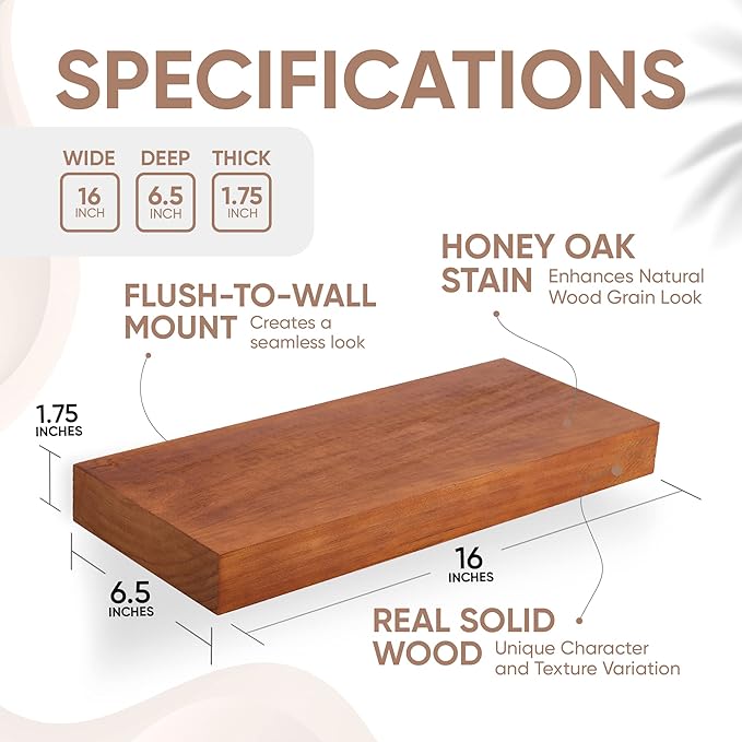 Homeforia 16 inch Oak Floating Shelf, High End Solid Real Wood 16inch Small Floating Shelves for Wall Mounted, Honey Oak Wooden 16in Floating Shelves, Heavy Duty Bracket, 16 X 6.5 X 1.75 in, Set of 3