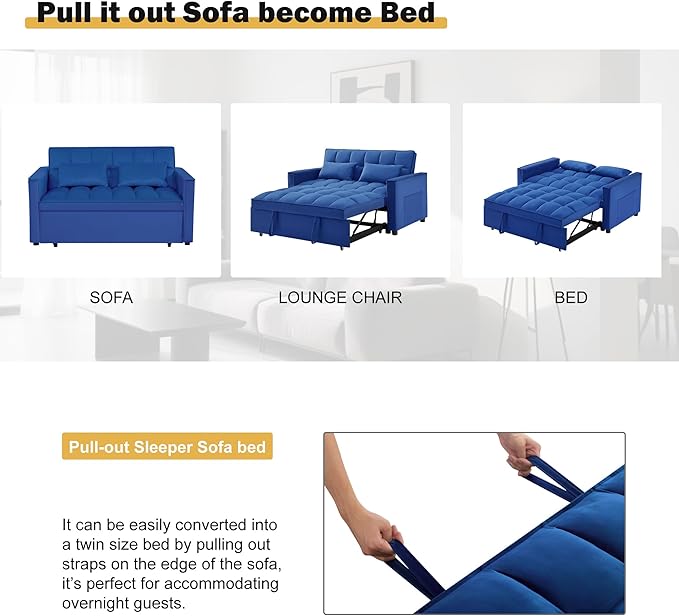 3 in 1 Sleeper Sofa Bed, Futon Sofa Bed for Living Room with Side Pocket, Blue Sleepers Sofas Couch with Pullout Beds, Convertible Love Seat Sleepers couch for Living Room, Bedroom, Small Space