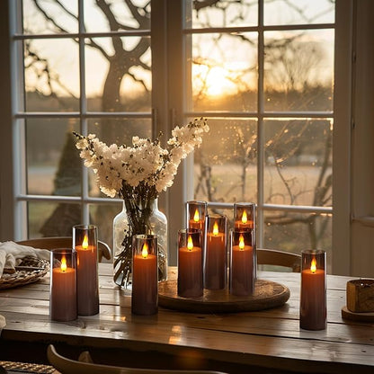 Amagic Grey Flameless Candles 9 Set, Battery Operated Candles with Remote Control and Timer, Flickering LED Pillar Candles for Home Halloween Decor, 3D Wick, Warm Yellow Light, D2.2 xH5 6" 7"