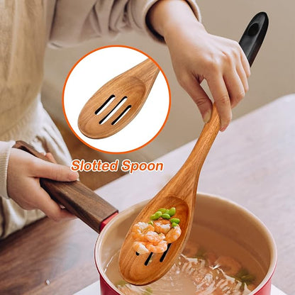 14 Inch Large Wooden Spoons for Cooking Utensils Set Acacia Wood Spatula Slotted Spoon Best Non Toxic Kitchen Utensil Long Mixing Spoon Spatulas Turner Stirring Serving Spoons Kitchen Use Tools