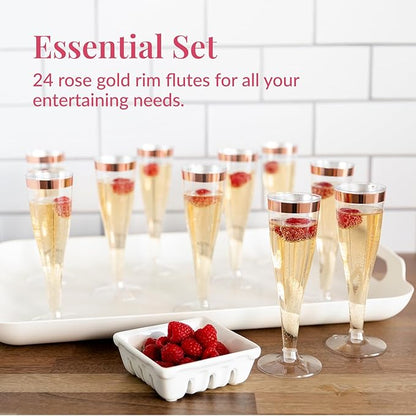 Prestee Set of 24 Plastic Champagne Flutes with Rose Gold Rim - 4.5 oz - Shatterproof Disposable Glasses - Elegant Design - Ideal for Weddings, Cocktail Parties, and Outdoor Celebrations