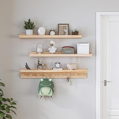 MBYD Wood Wall Shelf With Hooks Floating Shelves for Wall Bathroom Shelves Wall Mounted Nursery Floating Bookshelf for Kids Room Toy Storage Shelf for Bedroom Picture Frames Kitchen (Natural, 36 Inch)