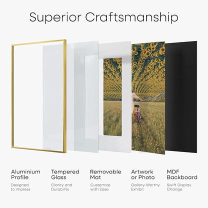 Homeforia 12x12 Picture Frame Gold, High End Metal 12 x 12 Square Poster Frame with Mat 10 x 10 Photo, 12x12 Frame Matted to 10x10 Print, 12by12 Gold Hanging Frames, Tempered Glass, Wall Kit, Set of 1