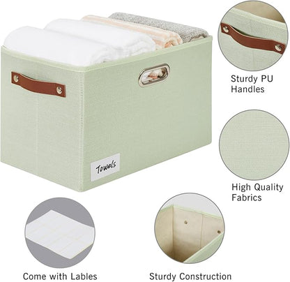 Large 3-Pack Foldable Fabric Storage Bins with Durable PU & Metal Handles, Collapsible Storage Baskets for Shelves, Home Storage, Closet Organizers, Living Room(14.9"x9.8"x9.8", Sage Green)