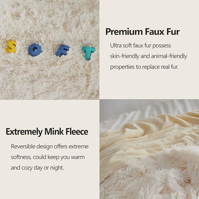 GONAAP Fuzzy Faux Fur Throw Blanket Ivory Super Soft Cozy Plush Fuzzy Shaggy Blanket for Couch Sofa Bed (Ivory, Throw(50"x60"))