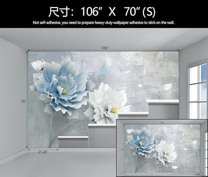 WFBHUA-Blue Floral Wallpaper Mural Modern Peony Flower Wallpaper Large 3D Art Living Room Bedroom Bathroom Wall Mural Decor (Not Peel and Stick)