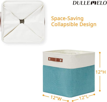 DULLEMELO Square Storage Cubes Baskets for Gifts Empty, 12 inch Cube Stroage Bins Linen Closet Organizers and Storage Baskets for Toy Nursery Shelves Bedroom Storage(4 Pack - 12" White&Teal)