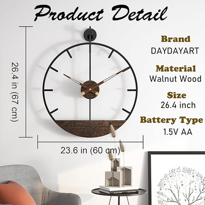 Modern Wood Walnut Dial Wall Clock, Large Simple Wall Decor Metal Frame Silent Non Ticking Clock for Living Room Decor, Kitchen, Bedroom, Study Decoration, Handmade Home Gift Idea, 26.4 in
