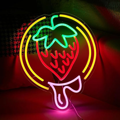 Strawberry Neon Sign USB Powered Sweet Fruit Led Light Up Sign Dimmable Funny Neon Light Wall Decoration for Home Kitchen Fruit Market Dessert Shop Farmhouse Restaurants