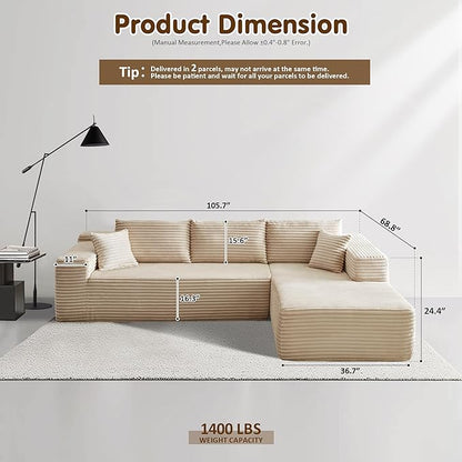 ovios 104" Cloud Sectional Couch with L-Shape Chaise,Modern Modular Sofa with Deep Seat, Upholstered Couches for Living Room Bedroom,No Assembly Required, Beige (Plush Corduroy Fabric)