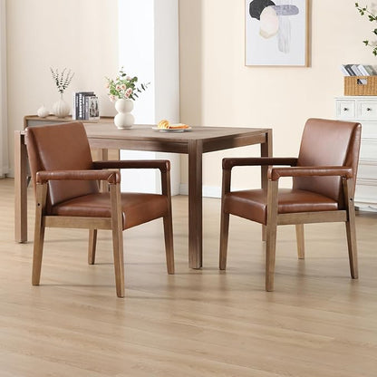 Mid Century Modern Dining Chairs Set of 2 Faux Leather Upholstered Living Room Side Chair, Kitchen Arm Chair with Solid Wood Legs for Home Kitchen & Restaurant, PU Brown