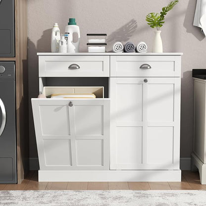 Loomie Double Tilt Out Laundry Hamper Cabinet, Hidden Laundry Cabinet with 2 Drawers & 2 Baskets, 30 Gallon Trash Can for Bathroom, Kitchen, White