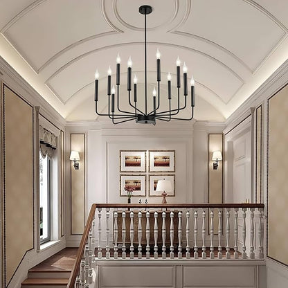 Modern Black Farmhouse Chandeliers, 12-Light Industrial Metal Chandelier Lighting, Classic Candle Hanging Pendant Light Fixtures for Living Room, Dining Room, Kitchen, Bedroom, Entryway
