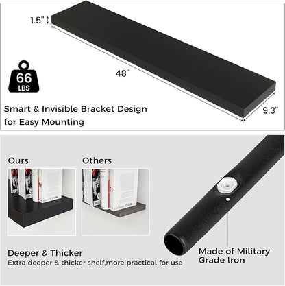 Floating Shelves - 2 Large Wall Mounted Shelves with Invisible Brackets, Long Wood Floating Wall Shelf for Living Room, Bedroom, Kitchen (Black, 48" W x 9" D x 1.5" H)