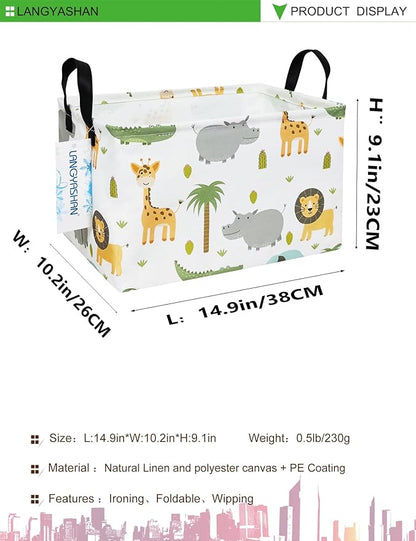 LANGYASHAN Rectangular Storage Bin Collapse Canvas Fabric Cartoon Storage Basket with Handles for Organizing Home Kitchen Boys and Girls Toys Office Closet Shelf Baskets (Rec animal)