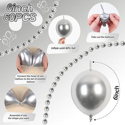 Silver Link Balloons, 60PCS Linking Balloons with Tail for Balloon Wall Arch and Chains, Quick Linkable Balloon for Wedding Birthday Baby Shower Engagement Graduation Party Decorations (6inch)