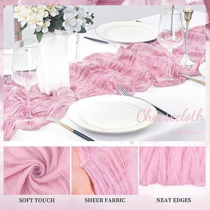 Light Pink Cheesecloth Table Runner 12 Pack 10FT Rustic Gauze Fabric Cheese Cloth Table Runner for Wedding 20 x 120 Inch Long Bridal Baby Shower Table Decorations Boho Sheer Birthday Party Table Decor