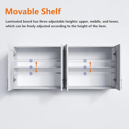 White Laundry Room Cabinets and Storage with 4 Doors and Utility Adjustable Shelf，Gabinetes Para Cocina Cupboard Kitchen Organizers and Storage Pantry Wall Mounted 12.4"D x 47.2"W x 19.7"H