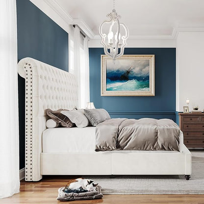 PaPaJet Bed Frame Queen Size Upholstered Platform Bed with 52.8'' Tall Sleigh Headboard, Button Tufted, No Box Spring Needed, Easy Assembly, Cream