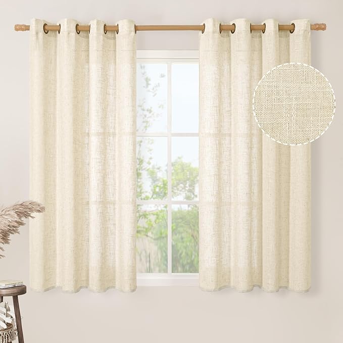 LAMIT Beige Linen Curtains 54 Inches Long for Bedroom, Semi Sheer Neutral Faux Linen Textured Window Light Filtering Panels with Bronze Grommet for Kitchen,2 Panels Set, 52 X 54 Inch