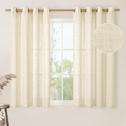LAMIT Beige Linen Curtains 54 Inches Long for Bedroom, Semi Sheer Neutral Faux Linen Textured Window Light Filtering Panels with Bronze Grommet for Kitchen,2 Panels Set, 52 X 54 Inch