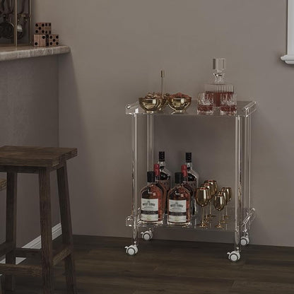 HMYHUM Acrylic Bar Cart, Rolling Serving Cart with 4 Lockable Wheels for The Home Bar, Kitchen, Living Room, Modern, 2-Tier, 23.6" L x 15" W x 30" H, Clear