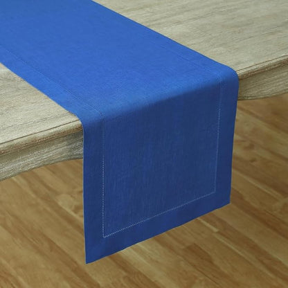 Solino Home Linen Royal Blue Table Runner 156 Inches Long - 100% Pure Linen Extra Long Table Runner 14 x 156 Inch - Classic Hemstitch