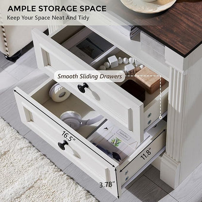 26" Tall Farmhouse Nightstand, 2 Drawers End Table w/Charging Station, 23.6" Wide Large Side Table w/Roman Column, Wood Rustic Sofa Table w/Open Shelf, Bedside Table for Bedroom, White