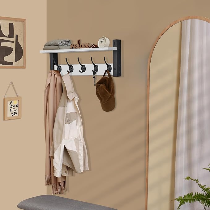 Sorbus Coat Hooks Wall Mount with Shelf – 24 Inch Coat Rack Wall Mount with 5 Heavy Duty Hooks – Floating Wall Shelf with Hooks for Entryway, Bathroom, Bedroom, Kitchen, or Mudroom (White)