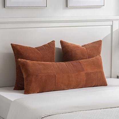 Fancy Homi 2 Packs Rust Decorative Throw Pillow Covers 20x20 Inch for Living Room Couch, Rustic Farmhouse Boho Home Decor, Soft Corss Corduroy Patchwork Accent Terracotta Square Cushion Case 50x50 cm
