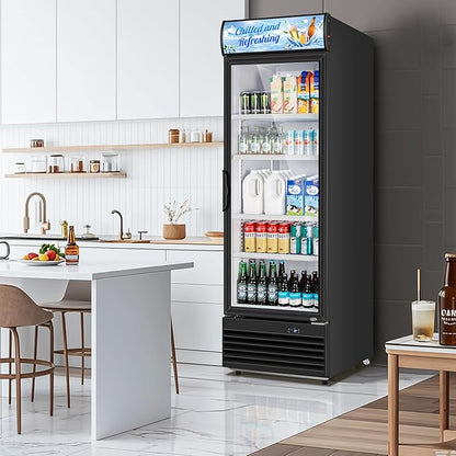 Tylza Commercial Refrigerator with Glass Door Display Beverage Fridge, 11.15 Cu Ft Upright Beverage Cooler Merchandiser with Replaceable Advertising Light Board, Rebound Door, Fast Cooling, Black