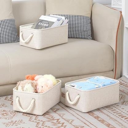 Bidtakay Small Storage Bins for Shelves 3 Pack Fabric Storage Baskets for Organizing 12x8x5 Inch Closet Storage Bins Linen Collapsible Organizer for Closet-Light Biege