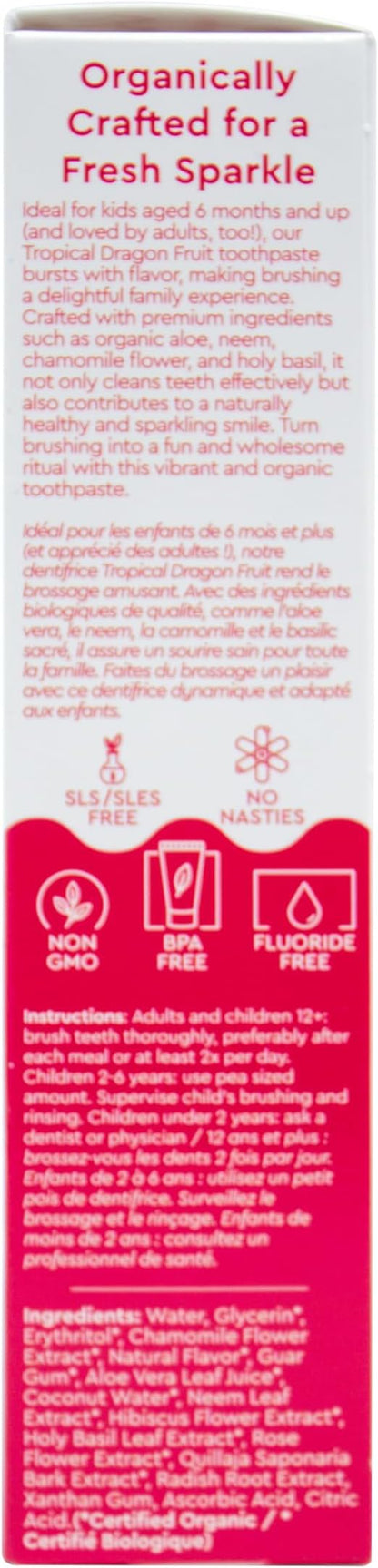 RADIUS USDA Organic Kids Toothpaste 3oz Non Toxic Chemical-Free Gluten-Free Designed to Improve Gum Health for Children's 6 Months and Up - Dragon Fruit - Pack of 3
